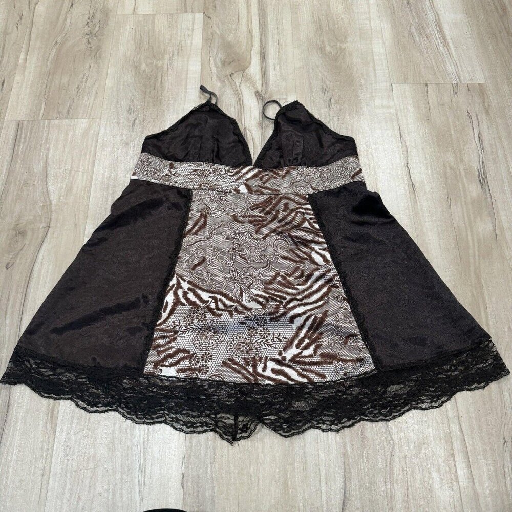 Women’s Candy Rain Tank Large L Brown Print Animal‎ Y2K Lace Baby Doll